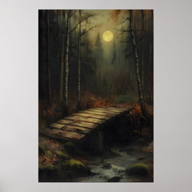 Autumn Moonlit Forest Bridge Rustic Woodland Art Poster (Vorne)