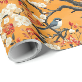 Autumn Orange Floral Birds Chinoiserie Geschenkpapier