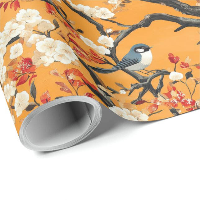 Autumn Orange Floral Birds Chinoiserie Geschenkpapier (Rolleneckpunkt)