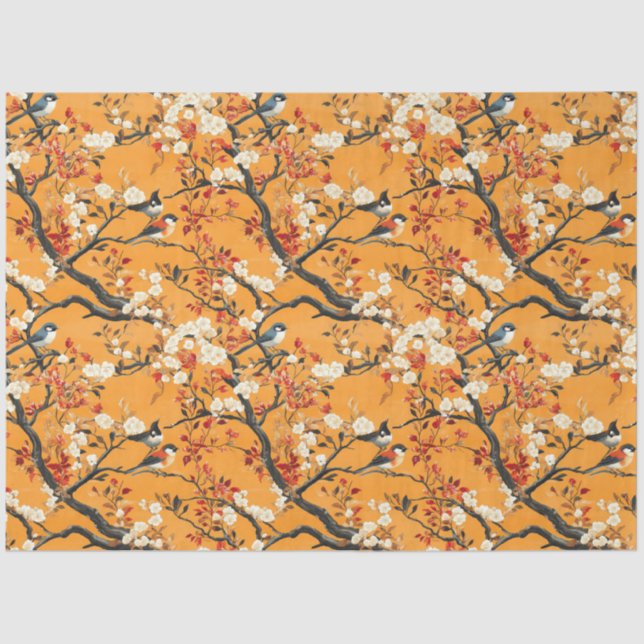 Autumn Orange Floral Birds Chinoiserie Seidenpapier (Vorderseite)