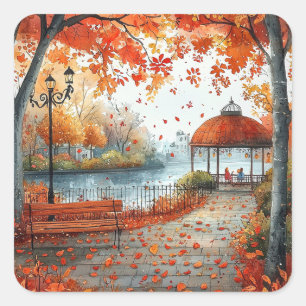 Autumn Orange Gazebo Park Illustration Quadratischer Aufkleber
