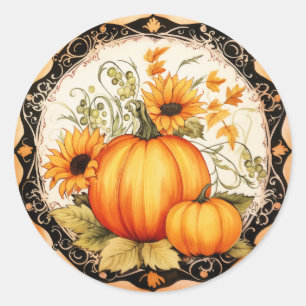 Autumn Orange Pumpkins Floral Runder Aufkleber