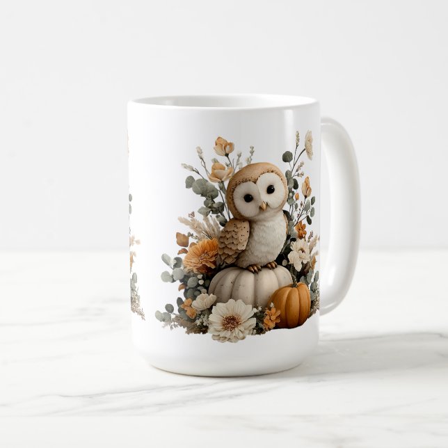 Autumn Owl mit Pumpkins Halloween Art Kaffeetasse (VorderseiteRechts)