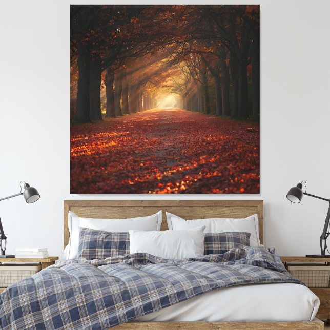 Autumn Pathway – Serene Tree Tunnel Art Print Leinwanddruck (Insitu (Schlafzimmer))