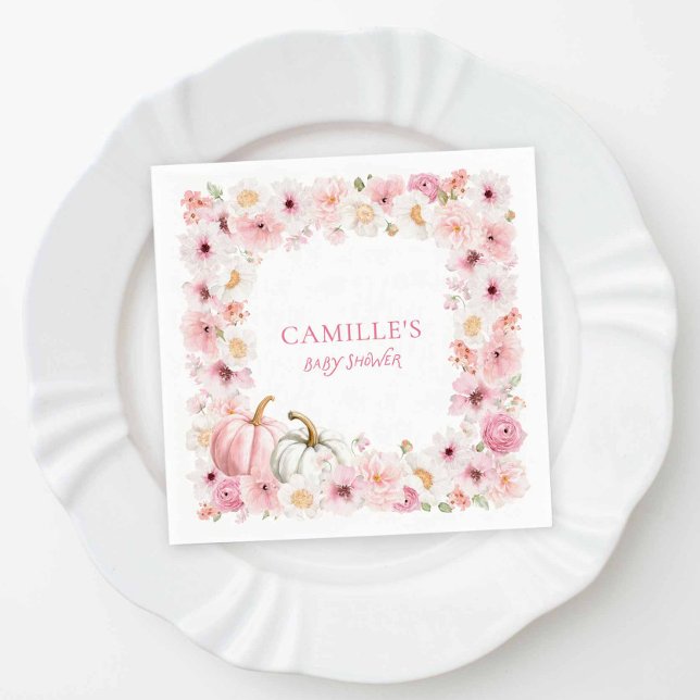 Autumn Pink Pumpkin Floral Baby Shower Serviette (Fall Girl Baby Shower Napkins)