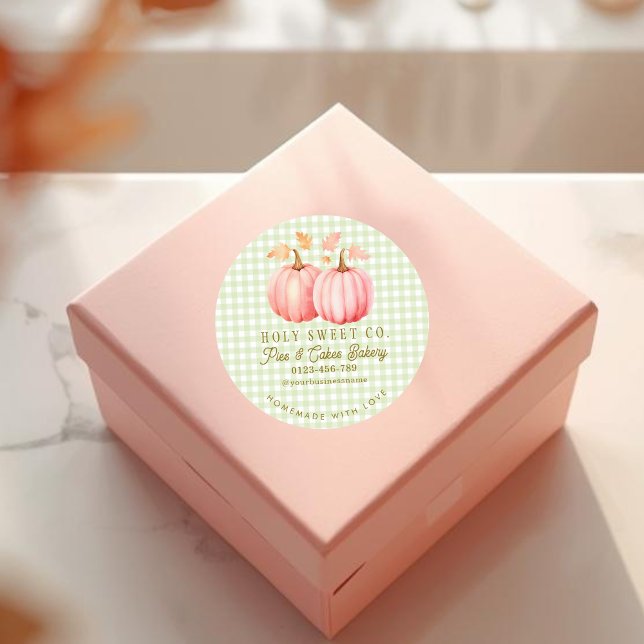 Autumn Pink Pumpkin Gingham Bakery Runder Aufkleber (Pink Pumpkin Green Gingham Bakery sticker)
