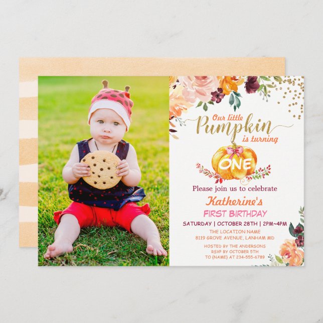 Autumn Pumpkin Baby Birthday mit Kids Foto Einladung (Vorne/Hinten)