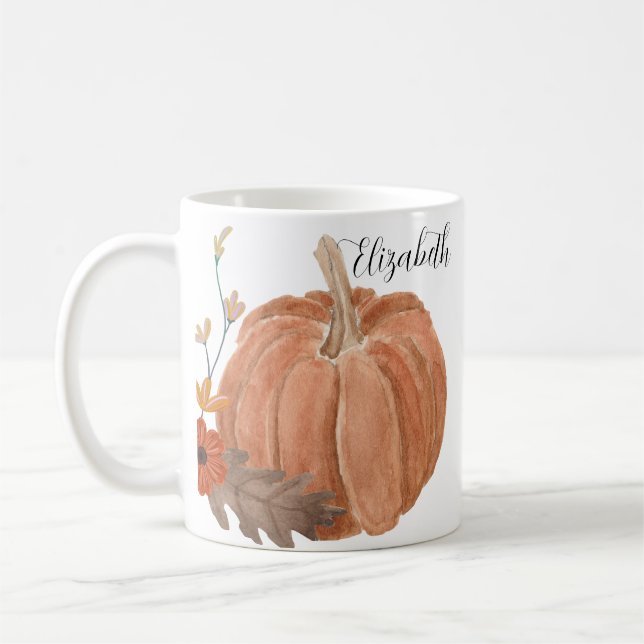 Autumn Pumpkin Blätter Floral Personalisiert Name  Kaffeetasse (Links)