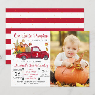 Autumn Pumpkin Blätter Red Truck Birthday Foto Einladung
