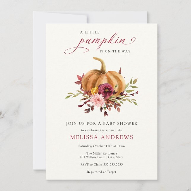 Autumn Pumpkin Burgundy Foliage Babydusche Einladung (Vorderseite)