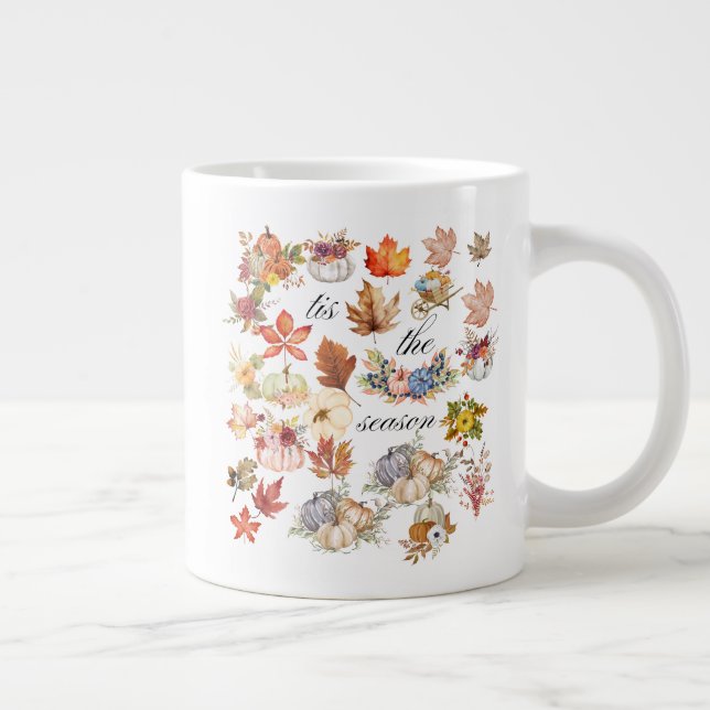 Autumn Pumpkin Floral Leaves Art Jumbo-Tasse (Rechts)