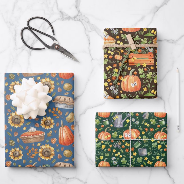 Autumn Pumpkin Garden Floral Geschenkpapier Set (Vorderseite)