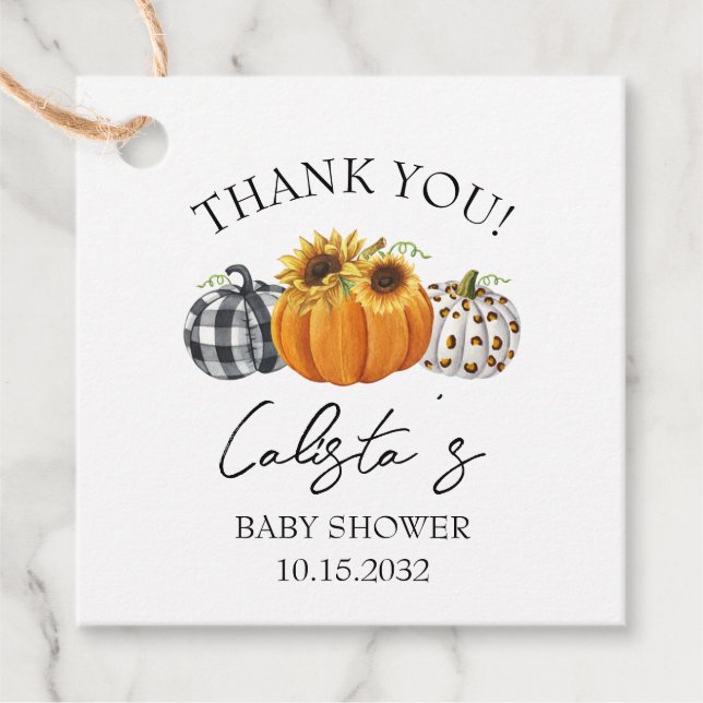 Autumn Pumpkin & Sunflower Babydusche Vielen Dank Geschenkanhänger (Vorderseite)