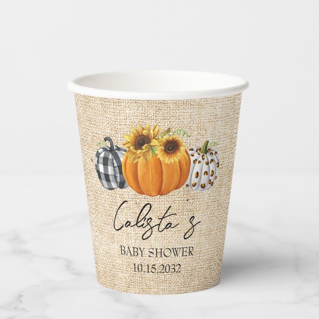 Autumn Pumpkin Sunflower Burlap Baby Dusche Pappbecher (Vorderseite)