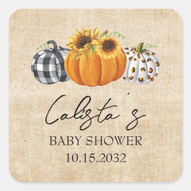Autumn Pumpkin Sunflower Burlap Baby Shower Favori Quadratischer Aufkleber (Vorderseite)