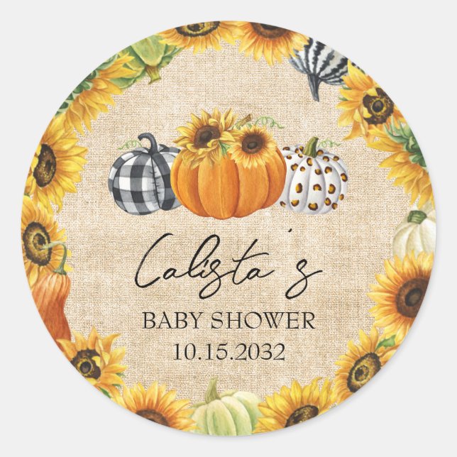 Autumn Pumpkin Sunflower Burlap Baby Shower Favori Runder Aufkleber (Vorderseite)