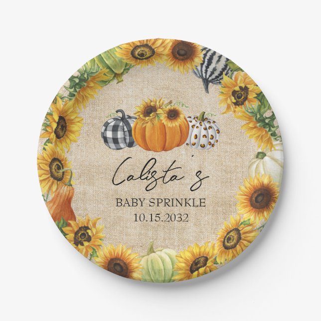 Autumn Pumpkin Sunflower Burlap Baby Sprinkle Pappteller (Vorderseite)