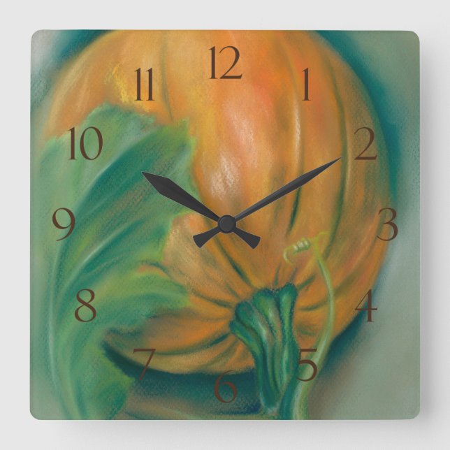 Autumn Pumpkin und Leaf Pastel Quadratische Wanduhr (Vorderseite)
