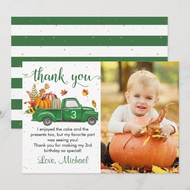Autumn Pumpkin Verlasse Green Truck Birthday Foto Dankeskarte (Vorne/Hinten)