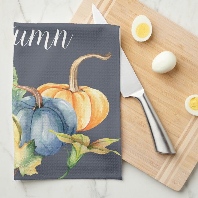 Autumn Pumpkin Watercolor Navy Blue Geschirrtuch (Viertel Falte)