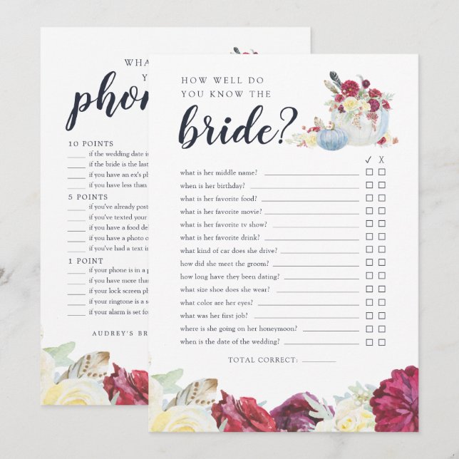 Autumn Pumpkin Zwei-Side-Brautparty-Game-Karte Einladung (Vorne/Hinten)