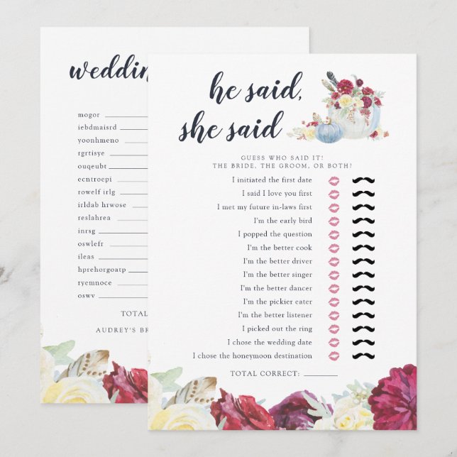 Autumn Pumpkin Zwei-Side-Brautparty-Game-Karte Einladung (Vorne/Hinten)