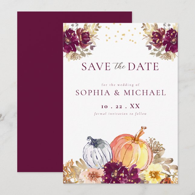 Autumn Pumpkins Fall Florals Save the Date (Vorne/Hinten)