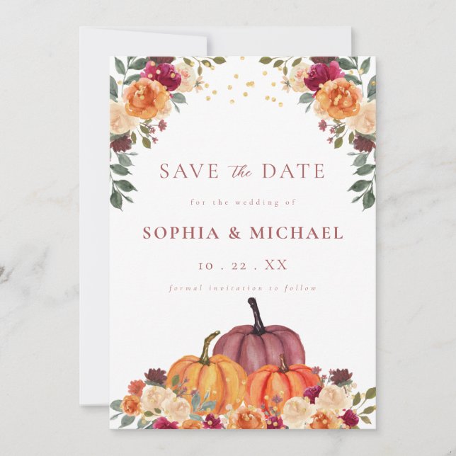 Autumn Pumpkins Fall Florals Save the Date Einladung (Vorderseite)