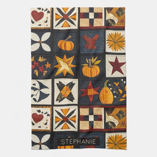 Autumn Quilt Blockmuster | Rustikale Ernte Geschirrtuch (Vertikal)