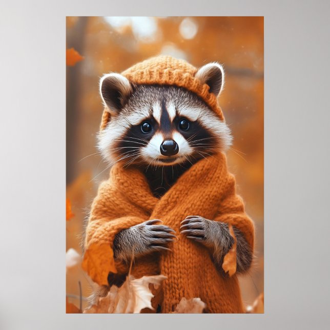 Autumn Raccoon Art Print, Fall Animal in Clothes Poster (Vorne)