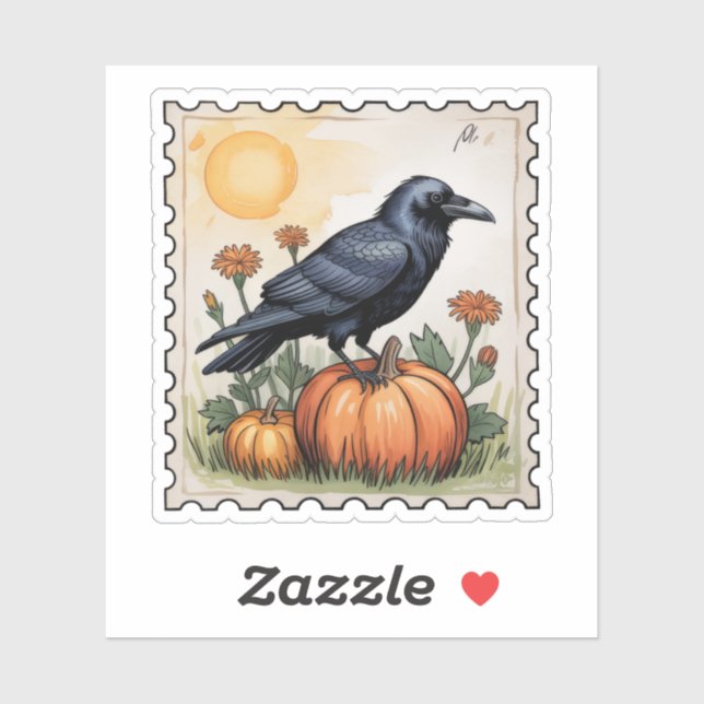 Autumn Raven on Pumpkin Halloween Postage Stamp Aufkleber (Blatt)