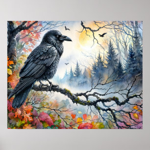 Autumn Raven Watercolor Art Poster