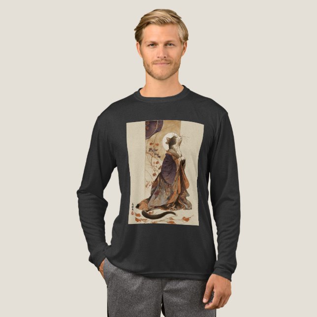 "Autumn Reverie" Japanese Cat in Kimono Art Tri-Blend Shirt (Volle Vorderseite)