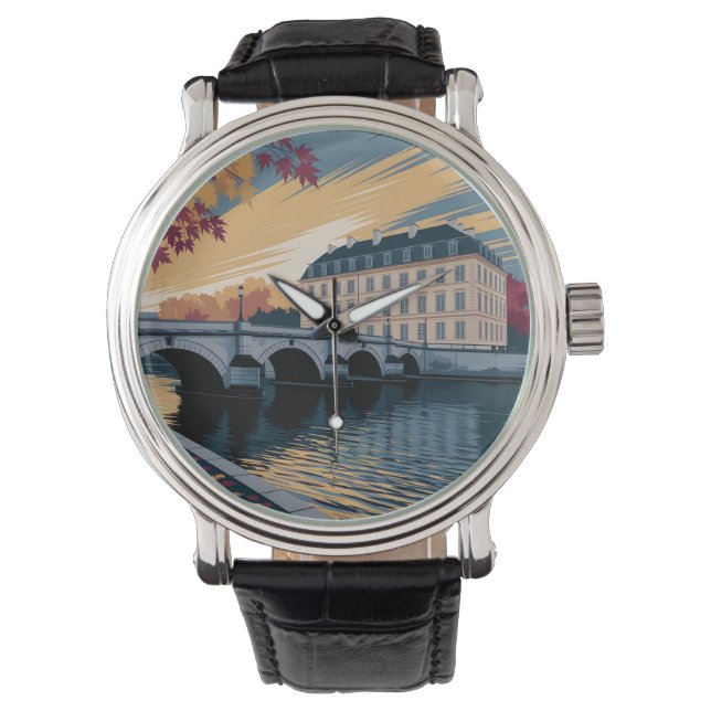 Autumn Riverside European City Illustration Art Armbanduhr (Vorderseite)