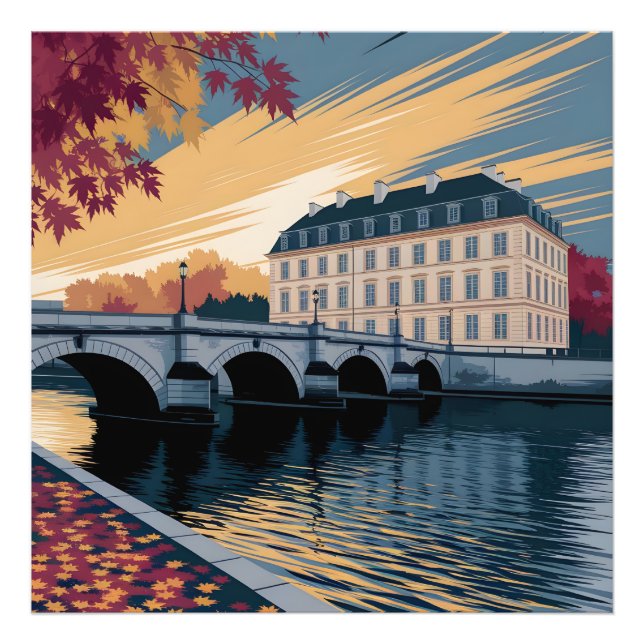Autumn Riverside European City Illustration Art Fotodruck (Vorne)