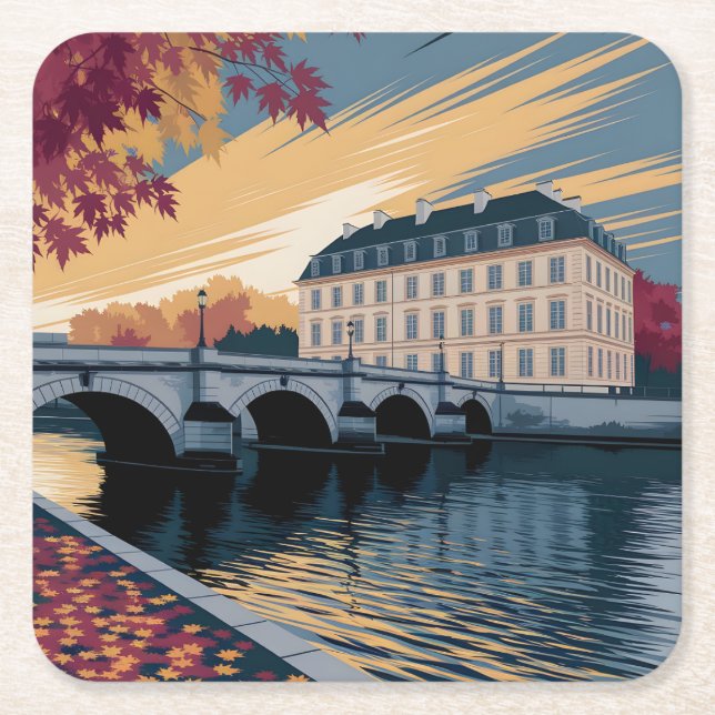 Autumn Riverside European City Illustration Art Rechteckiger Pappuntersetzer (Vorderseite)