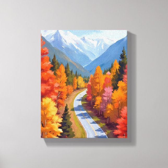 Autumn Road | Fall Foliage Watercolor Nature Leinwanddruck (Vorderseite)