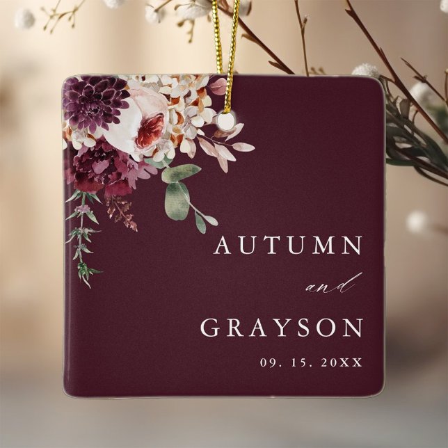 Autumn Romance Elegant Burgundy Wedding Photo      Keramikornament (Von Creator hochgeladen)