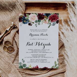 Autumn Rustic Burgundy Calligraphy Bat Mitzvah Einladung