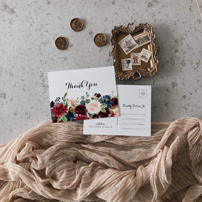 Autumn Rustic Burgundy Calligraphy Vielen Dank Postkarte (Von Creator hochgeladen)