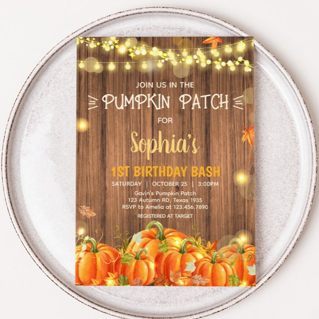 Autumn Rustic Pumpkin Patch Birthday Einladung (Autumn Rustic Pumpkin Patch String Lights Birthday Invitation)