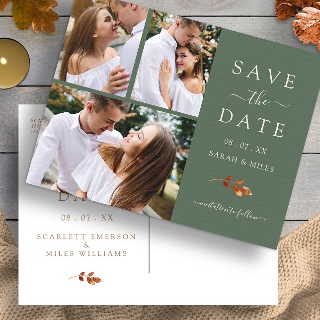 Autumn Sage Green Foto Save the Date Ankündigungspostkarte (Autumn Sage Green Photo Collage Save The Date Announcement Postcard by Painted Paperie
)