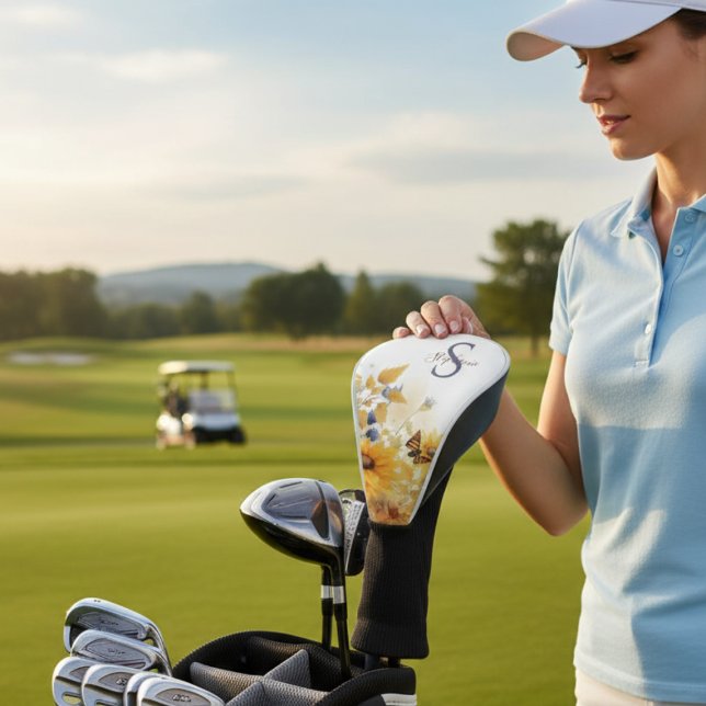 Autumn Sunflower Monogram Golf Headcover (Autumn sunflower butterfly golf club cover)