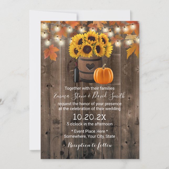 Autumn Sunflower & Pumpkin Rustic Hochzeit im Herb Einladung (Vorderseite)