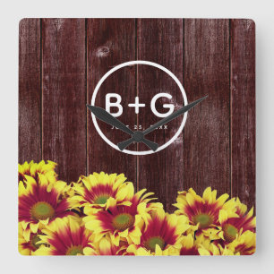 Autumn Sunflowers on Wooden Fence Wedding Quadratische Wanduhr