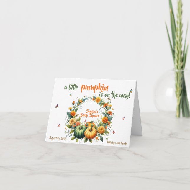 Autumn Sweet Floral Little Pumpkin Baby Shower Dankeskarte (Vorderseite)