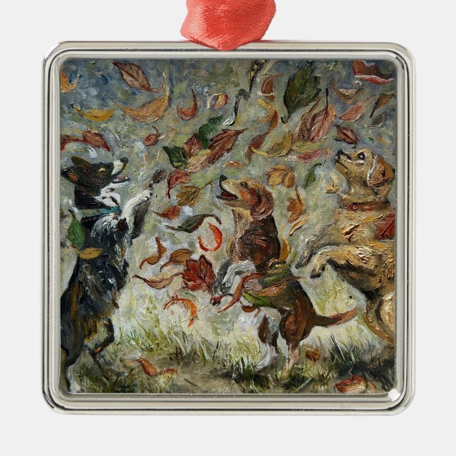 Autumn Tailwag Whimsical Golden Retriever Dogs Oil Ornament Aus Metall (Vorne)