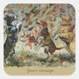 Autumn Tailwag Whimsical Golden Retriever Dogs Oil Quadratischer Aufkleber
