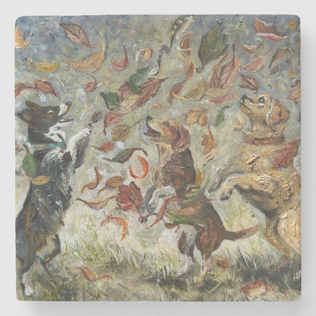 Autumn Tailwag Whimsical Golden Retriever Dogs Oil Steinuntersetzer (Vorderseite)