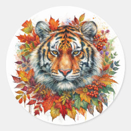 Autumn Tiger Face Among Fall Leaves Runder Aufkleber